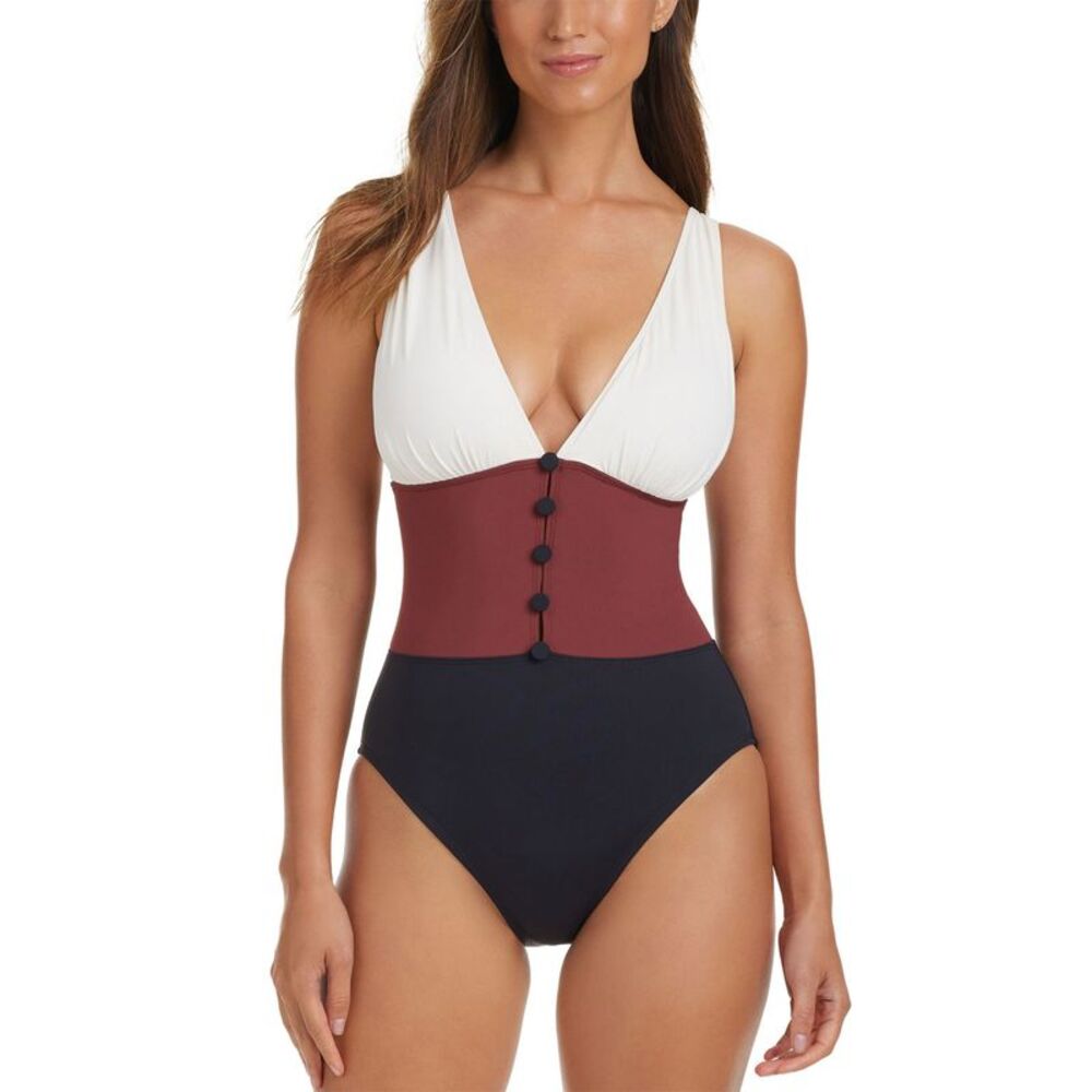 Bleu Rod Beattie Womens Colorblocked Button-Front One-Piece Swimsuit 10 Coconut